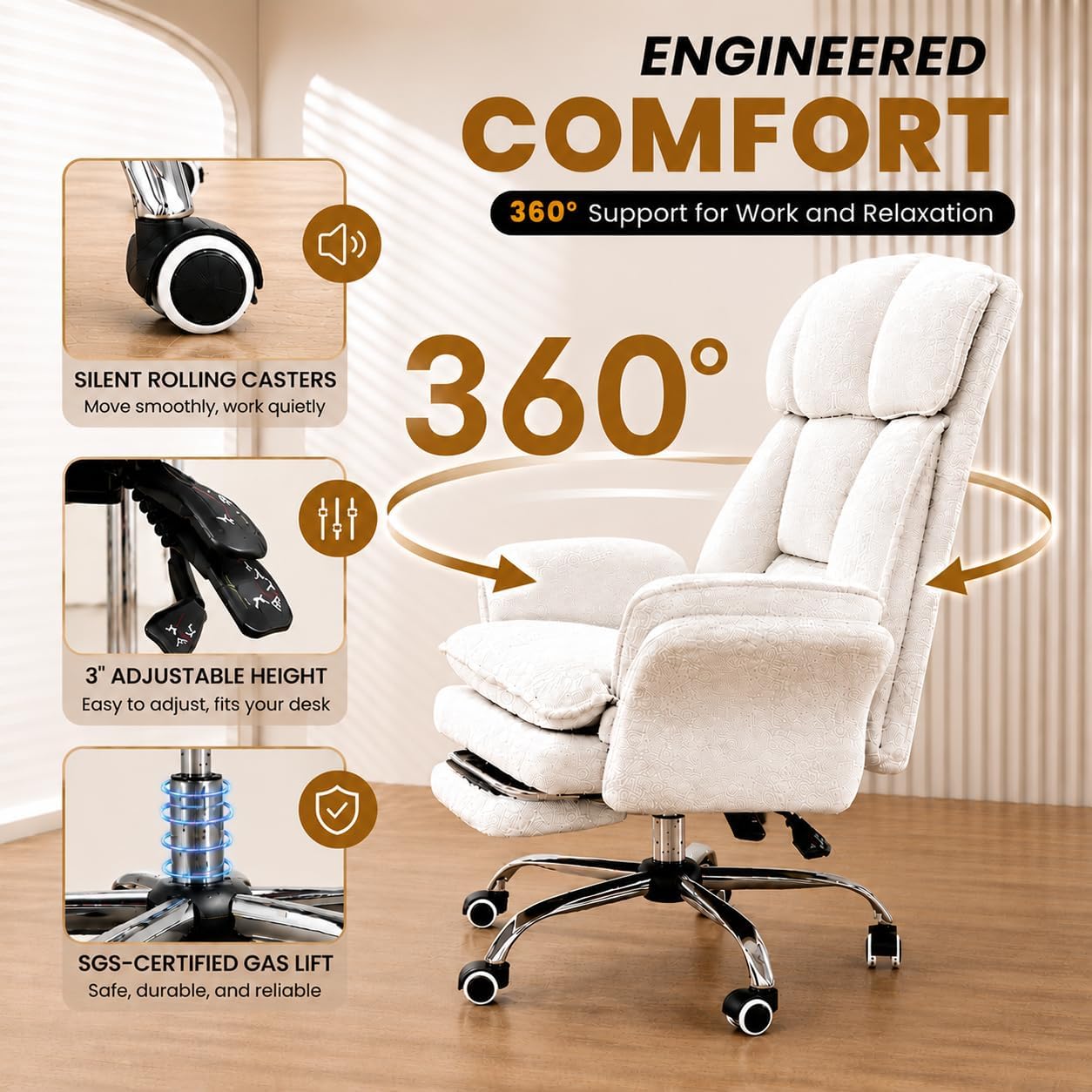 Big and Tall Office Chair with Footrest, Teddy Fleece Ergonomic Desk Chair with Flip Armrests for Pets & Cross-Legged Sitting, Wide Seat Reclining Executive Computer Chair for Home Office, Grey