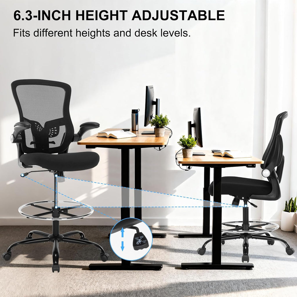 Drafting Chair, Ergonomic Tall Office Chair with Lumbar Support Standing Desk Stool with Flip-up Armrests Comfy High Office Desk Chair with Adjustable Foot Ring for Counter Height Desk, Black