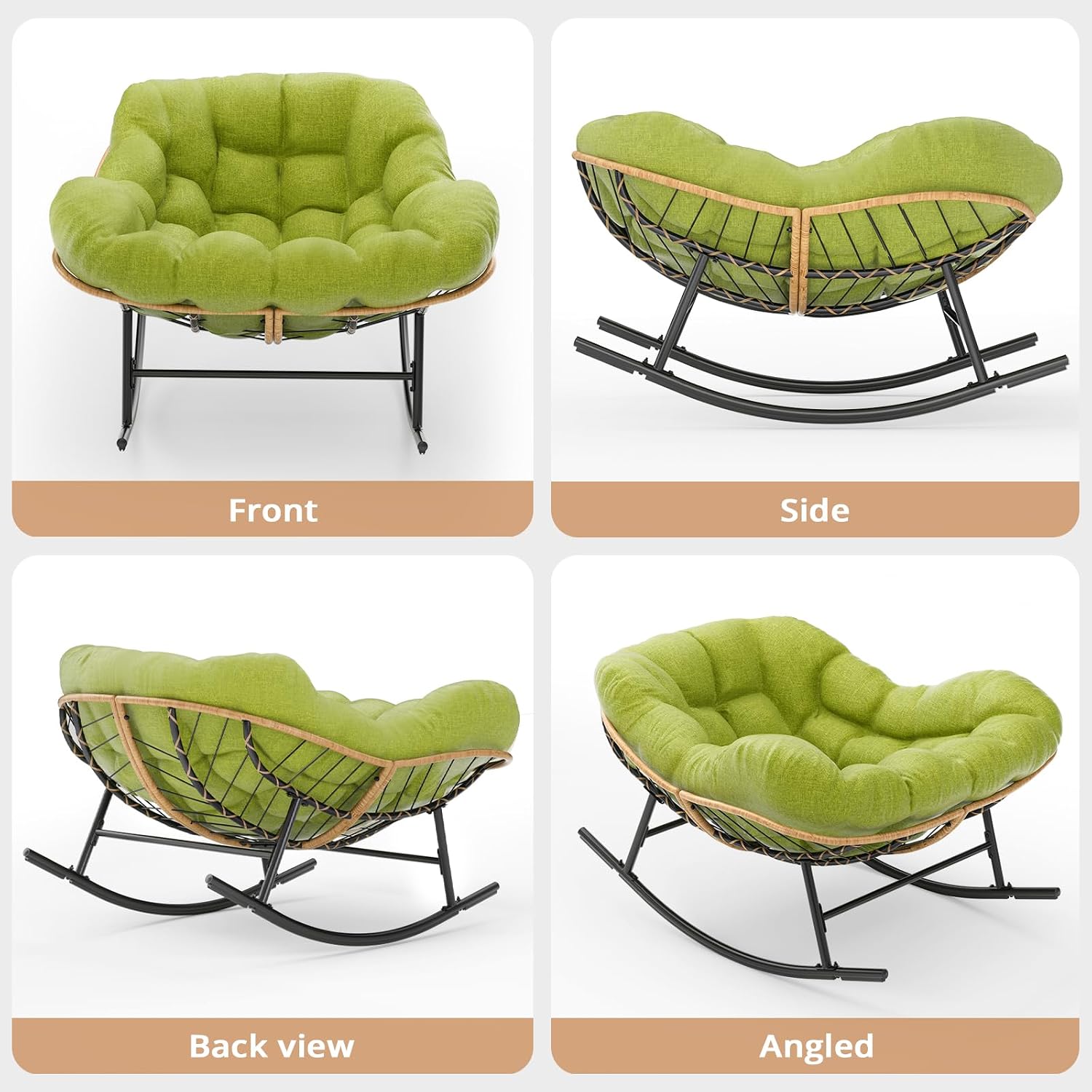 Easyego Oversized Papasan Rocking Chair Indoor Outdoor Use, Comfortable Wicker Rocker with Cozy Thicken Cushion for Deck, Balcony, Poolside, Lawn, Bedroom, Living Room, Green