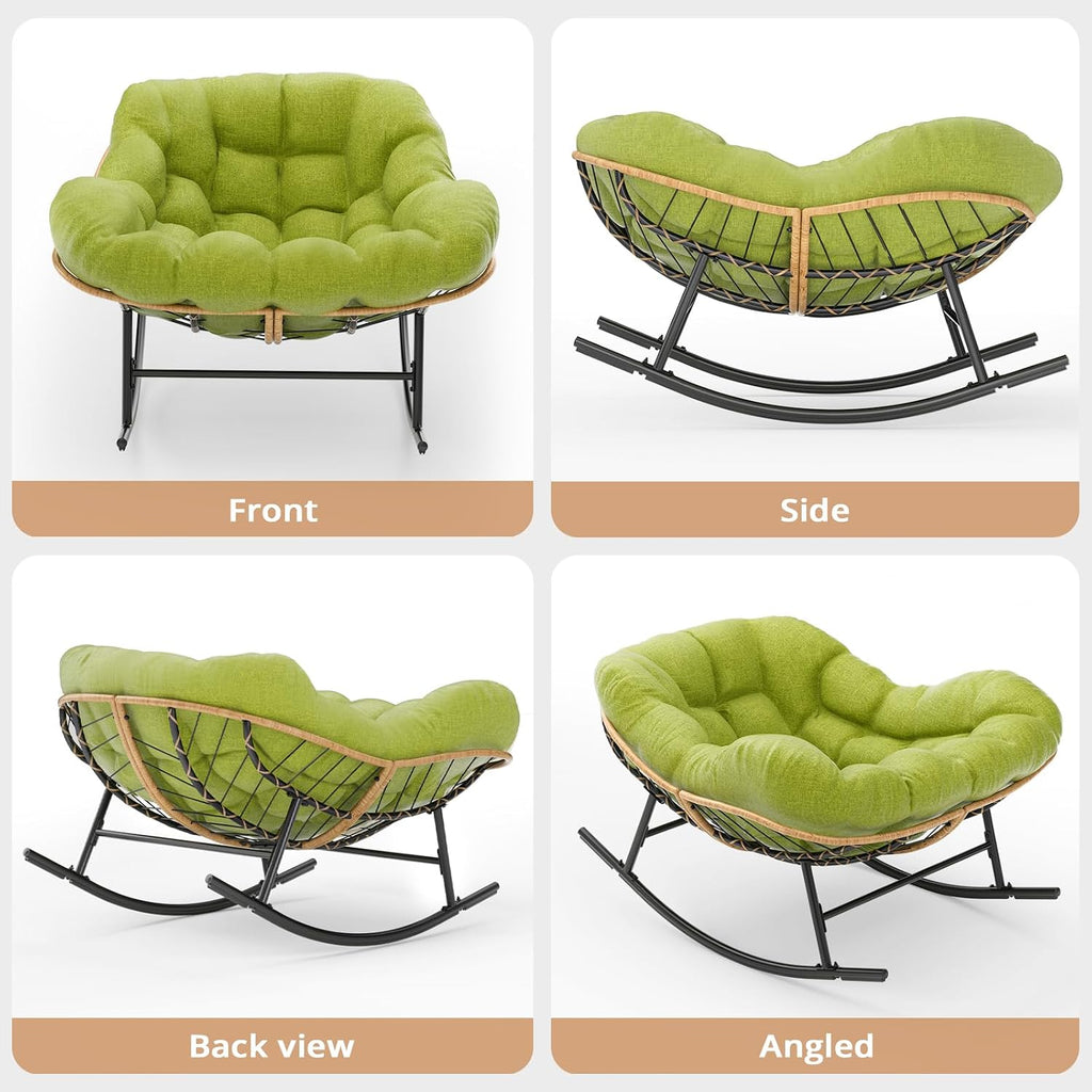 Easyego Oversized Papasan Rocking Chair with Ottoman for Indoor Outdoor Use, Comfortable Wicker Rocker with Cozy Thicken Cushion for Deck, Balcony, Poolside, Lawn, Bedroom, Living Room, Green