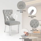 adochr Velvet Dining Chairs Set of 2, Tufted Upholstered Dining Room Chair with Pull Ring and Stainless Steel Legs, Kitchen Chairs 350 LBS Capacity, Light Grey