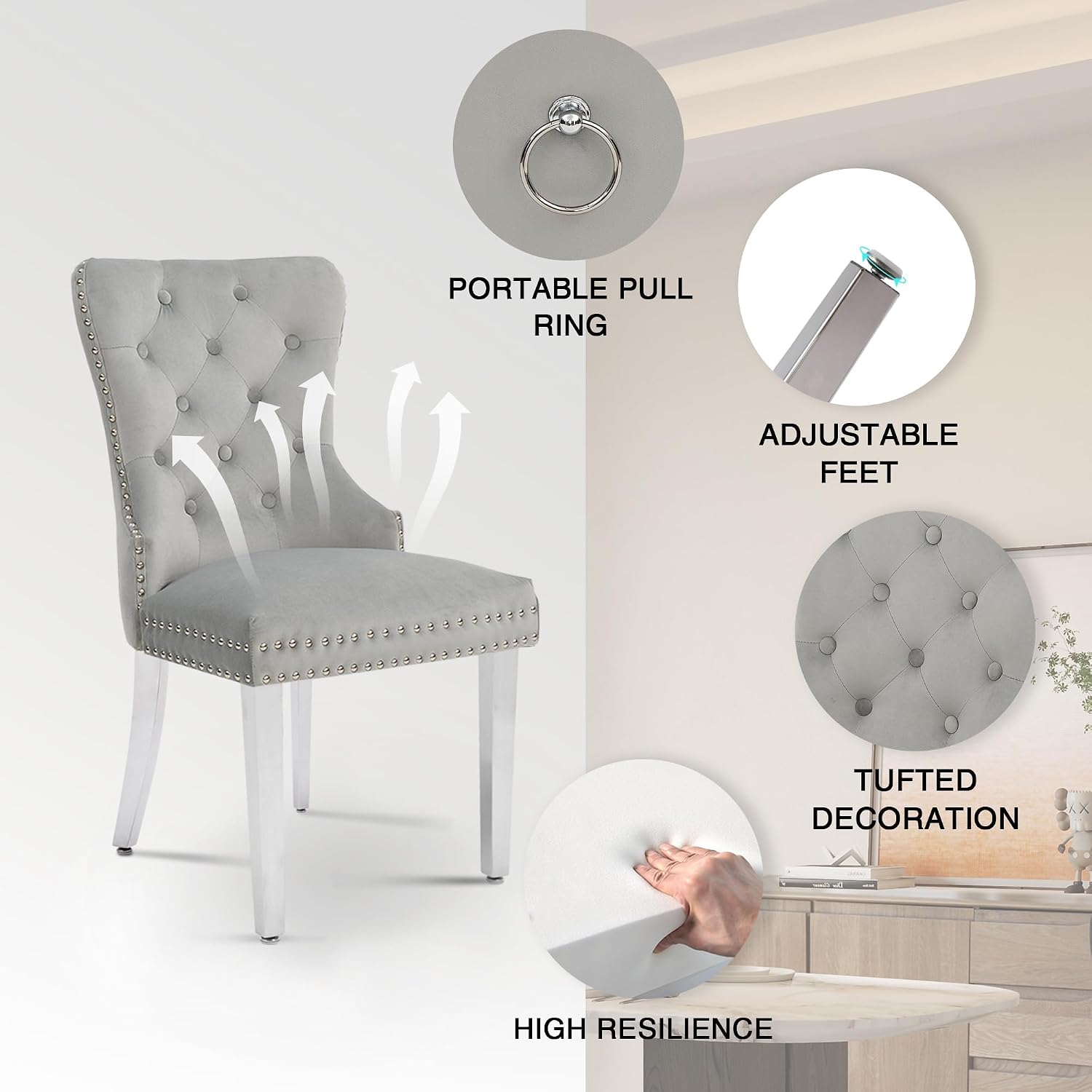 adochr Velvet Dining Chairs Set of 2, Tufted Upholstered Dining Room Chair with Pull Ring and Stainless Steel Legs, Kitchen Chairs 350 LBS Capacity, Light Grey