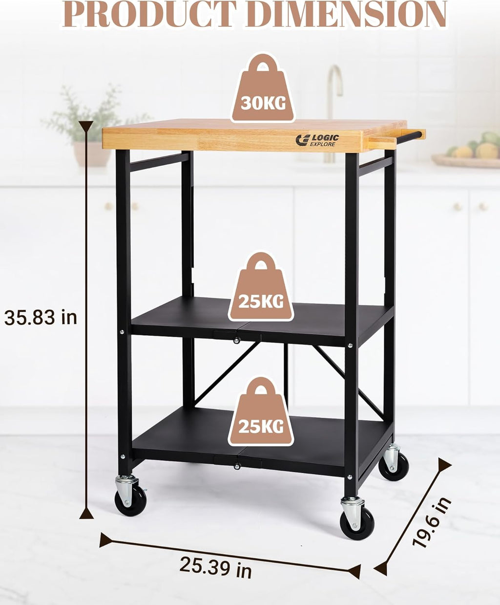 Foldable Kitchen Storage Cart with Solid Oak Top, Heavy-Duty Metal Frame, 3-Tier Rolling Utility Rack, Kitchen Island on Lockable Wheels for Microwave, Toaster Oven & Food Prep