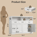 Ahomly 51" Buffet Cabinet with Adjustable Storage, Charging Port - 3 Drawers & 4 Doors Large Sideboard, Multi - Scene Coffee Bar/Microwave Stand for Kitchen,Living Room,Entryway（White）