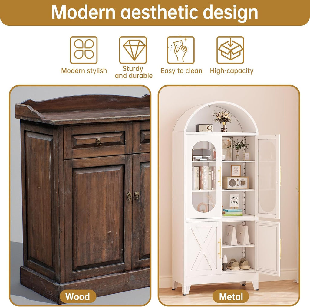PAOFIN 73" Metal Tall Arched Kitchen Pantry Cabinet, Modern Farmhouse Kitchen Storage Cabinet with 3 Adjustable Shelves, White