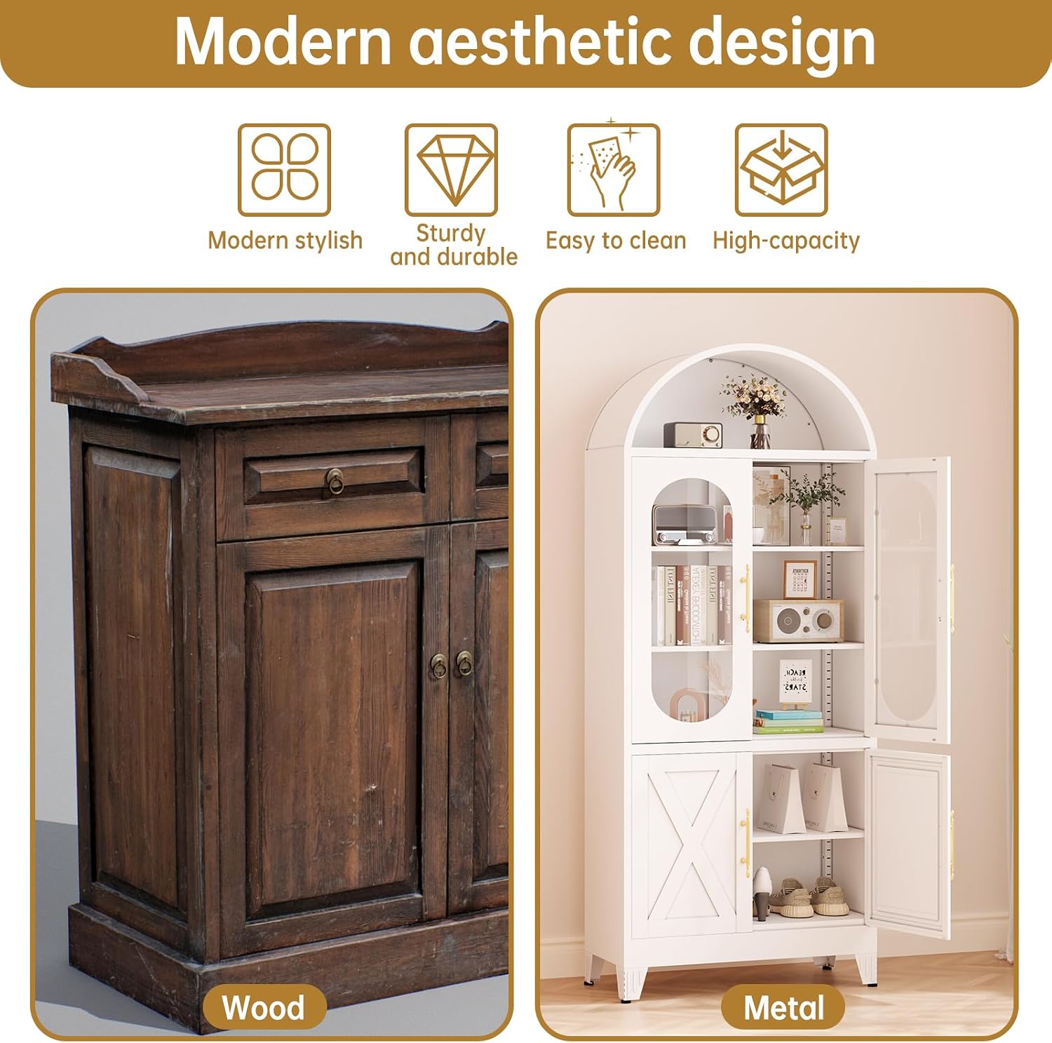 PAOFIN 73" Metal Tall Arched Kitchen Pantry Cabinet, Modern Farmhouse Kitchen Storage Cabinet with 3 Adjustable Shelves, White
