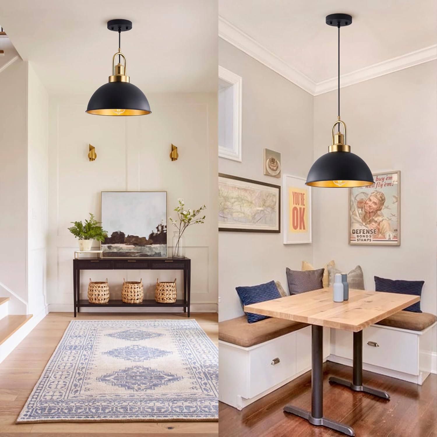 Matte Black Farmhouse Pendant Light, Adjustable Height, Vintage Hanging Industrial Ceiling Lights Fixture for Kitchen Island Hallway Dining Room 2 Pack