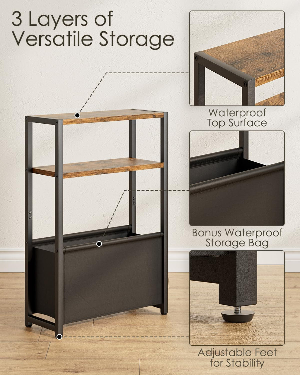 Narrow Side Table End Table, 3-Tier Side Table with Storage Bag, Narrow Nightstand for Small Spaces, Bedside Table for Living Room, Bedroom, Rustic Brown
