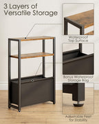 Narrow Side Table End Table, 3-Tier Side Table with Storage Bag, Narrow Nightstand for Small Spaces, Bedside Table for Living Room, Bedroom, Rustic Brown