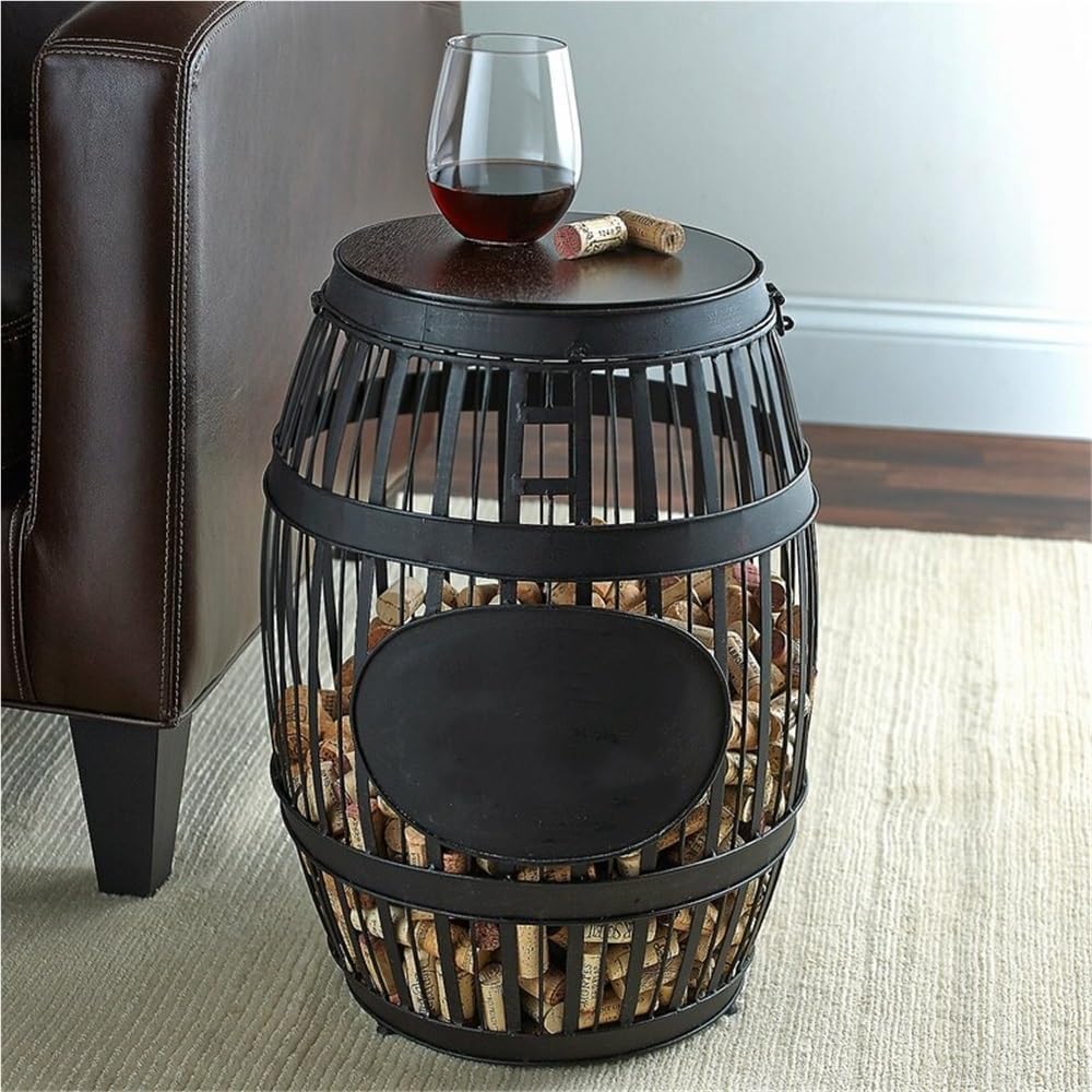 Metal Barrel Side Table with Storage, Wine Cork Holder Display, Whiskey Barrel Table for Living Room, Bedroom, Bar(23.6in)
