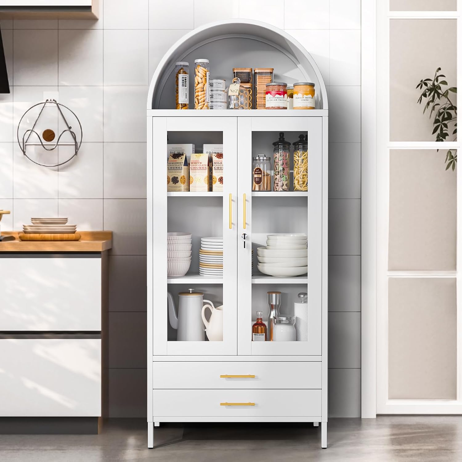 Holiwei Metal Storage Cabinet, 73" Arched Kitchen Pantry Organizer with 2 Drawers & 2 Adjustable Shelves, Freestanding Display Cabinet for Living Room