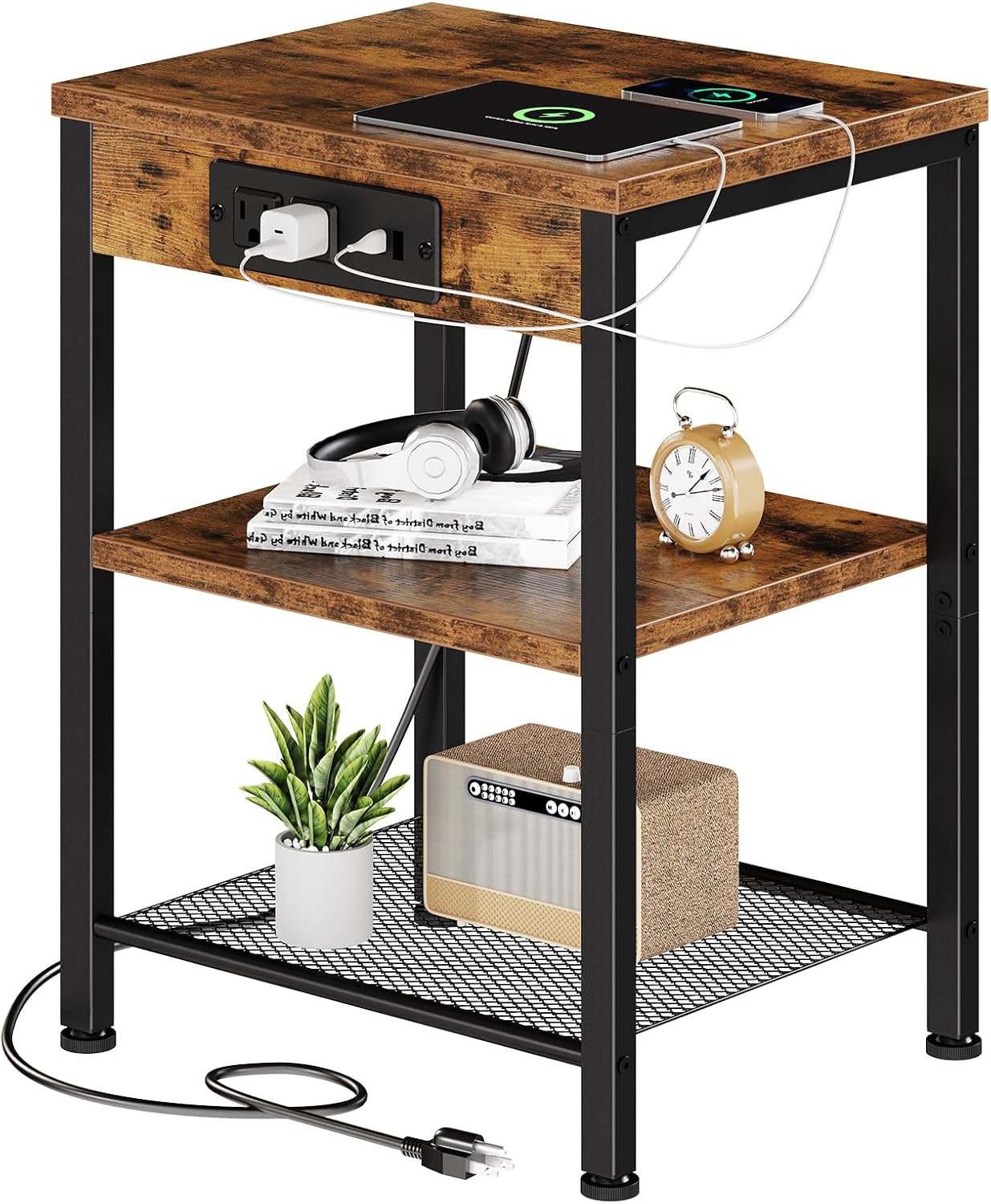 DUMOS 15.7" Small Side Table with Charging Station, End Table with Outlets & USB Ports, 3-Tier Adjustable Storage Nightstand for Living Room, Bedroom, Small Spaces, Record Player Stand, Rustic Brown