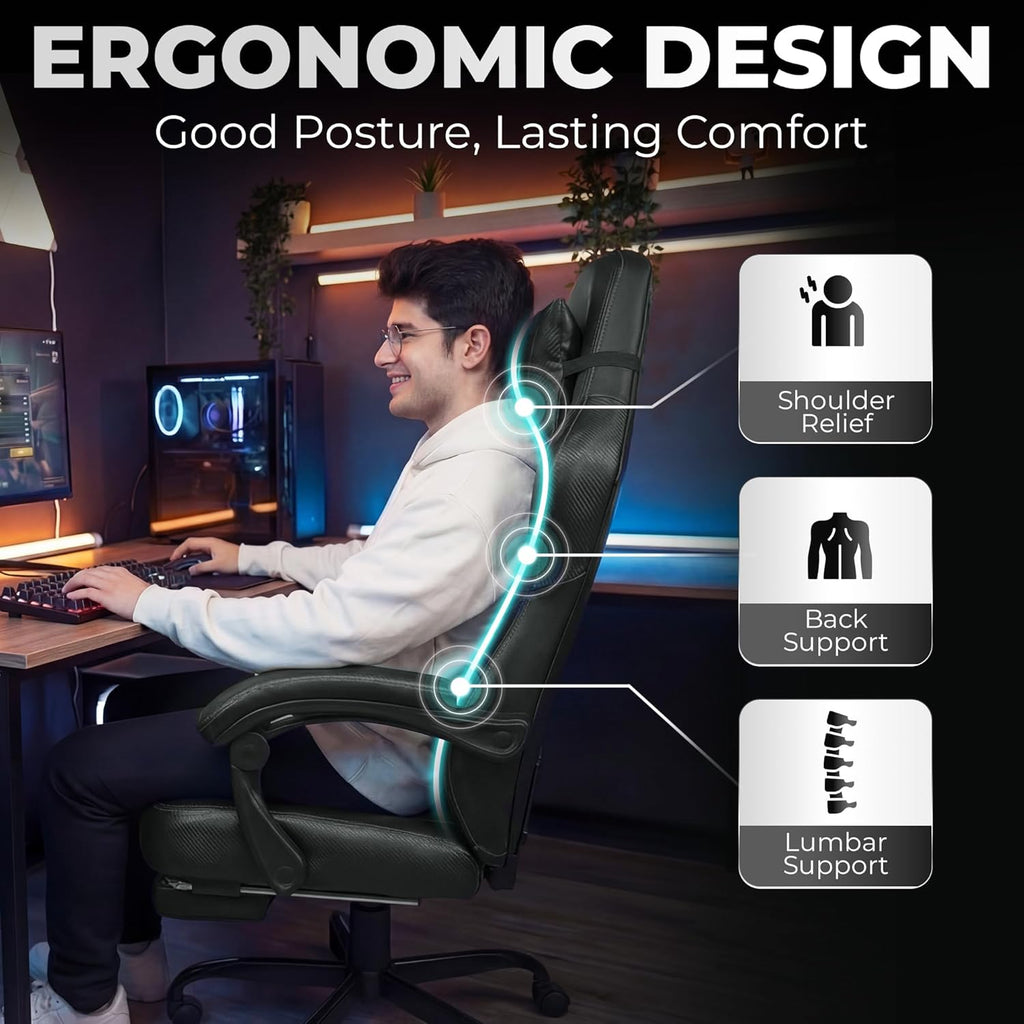 N-GEN GAMING Gaming Chair Big and Tall Computer Heavy Duty Office Desk Chair with Footrest Ergonomic Lumbar Support High Back Recliner for Adults (Dark Black)