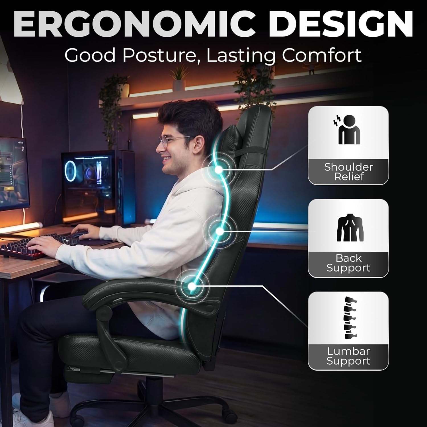 N-GEN GAMING Gaming Chair Big and Tall Computer Heavy Duty Office Desk Chair with Footrest Ergonomic Lumbar Support High Back Recliner for Adults (Dark Black)