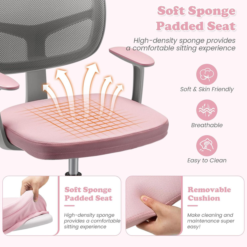 Giantex Kids Desk Chair, Ergonomic Adjustable Teen Task Chair w/Y-Shaped Lumbar Support, Armrest & Universal Wheels, Mesh Kid Office Chair for Sturdy, Kids Computer Chair for Boys & Girls 4-12, Pink