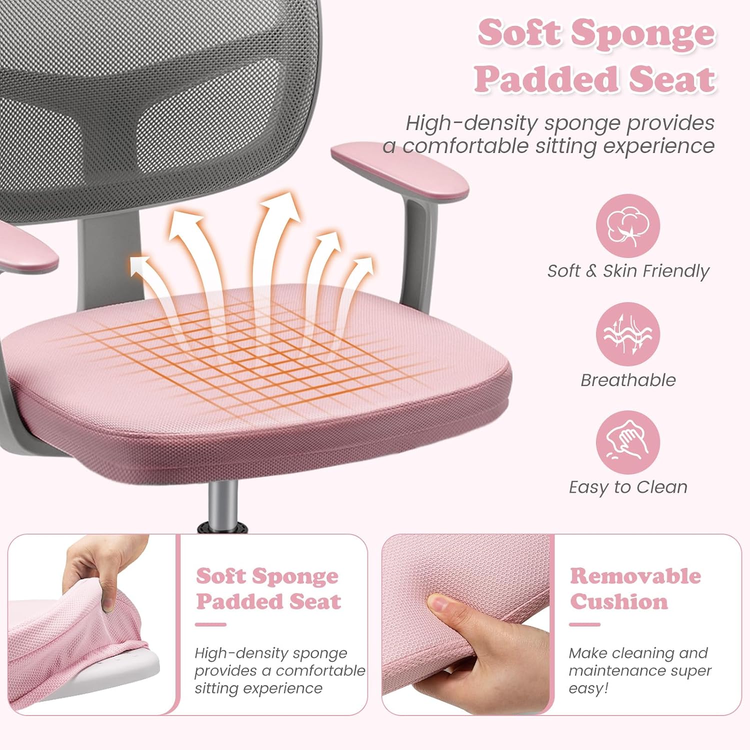 Giantex Kids Desk Chair, Ergonomic Adjustable Teen Task Chair w/Y-Shaped Lumbar Support, Armrest & Universal Wheels, Mesh Kid Office Chair for Sturdy, Kids Computer Chair for Boys & Girls 4-12, Pink