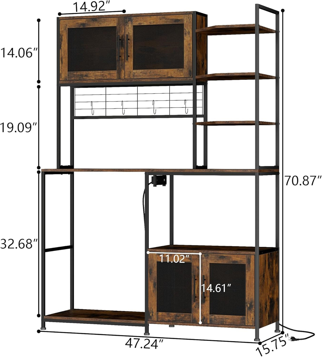 Loomie Bakers Rack with Power Outlet and LED Light, 71" Tall Kitchen Microwave Stand with Fridge Space, Farmhouse Coffee Bar Cabinet with Mesh Doors, Kitchen Shelves with Hooks (Rustic Brown)