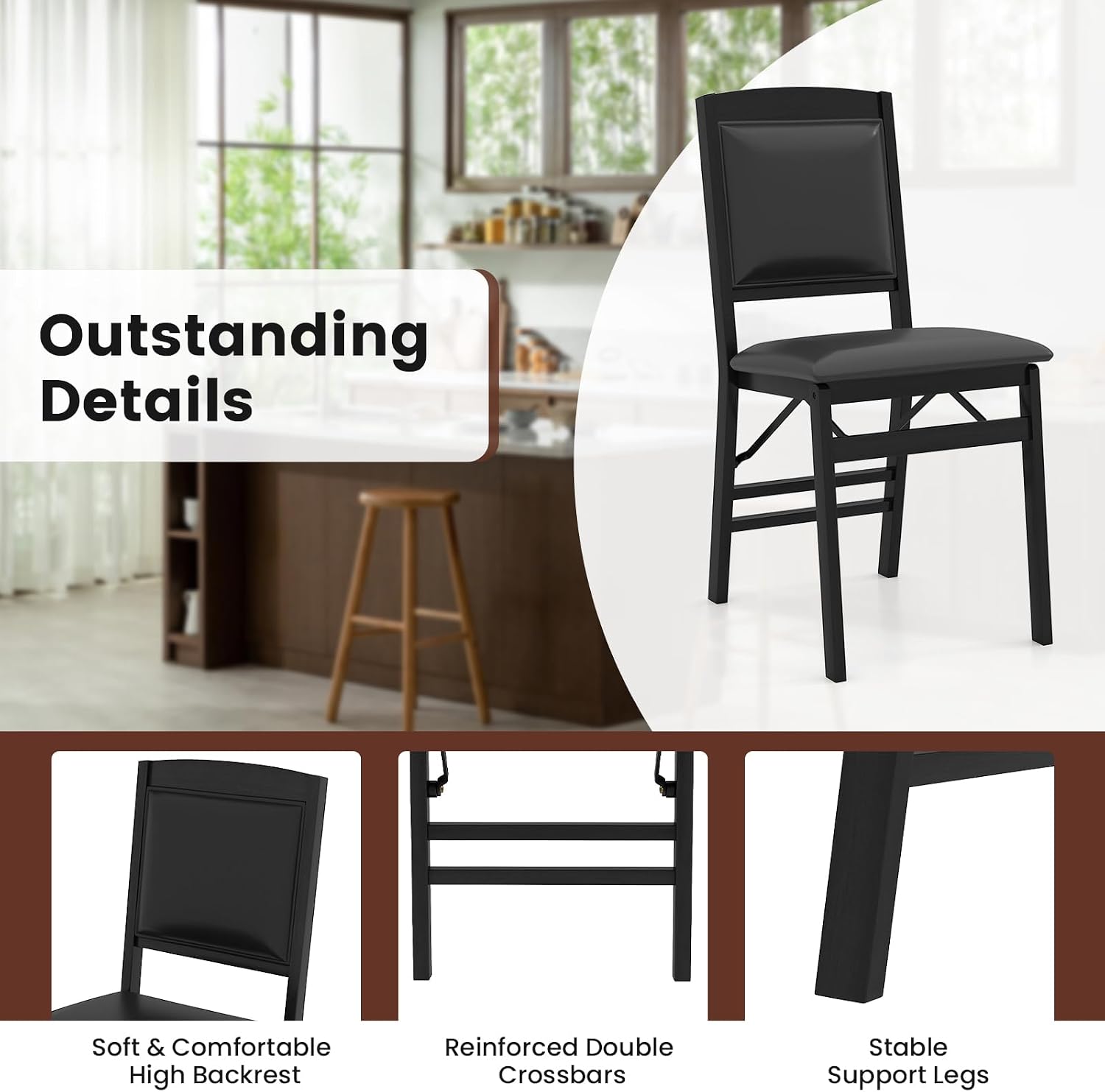 COSTWAY Folding Dining Chairs Set of 2, Wooden Kitchen Side Chairs w/Padded Seat, Solid Wood Frame, 400 LBS Load Bearing, No Assembly Needed, Vintage Foldable Chairs for Dining Living Room, Black