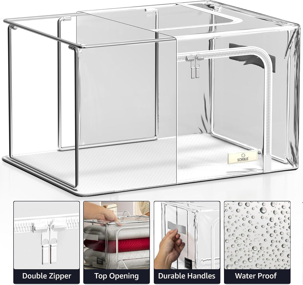 Sorbus Storage Bins with Metal Frame - Stackable & Foldable Clothes Organizer Bags - Clear Soft Plastic Storage Containers (2 Pack, Medium)