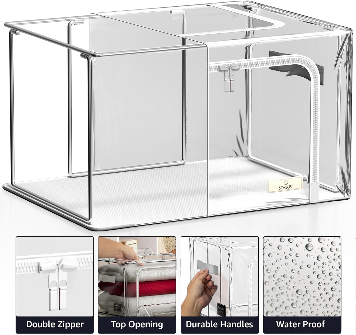 Sorbus Storage Bins with Metal Frame - Stackable & Foldable Clothes Organizer Bags - Clear Soft Plastic Storage Containers (2 Pack, Medium)
