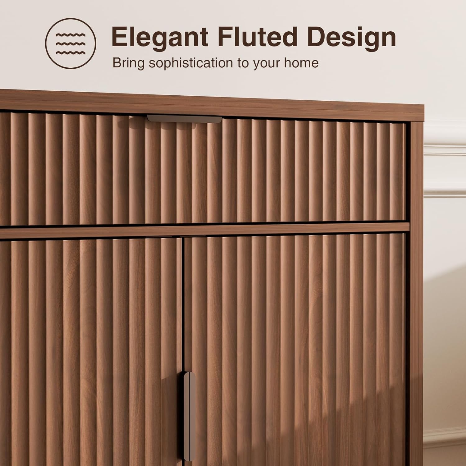 Vabches Fluted Sideboard Buffet Cabinet with Storage, 32" Coffee Bar Console Table with Drawer, Fluted Doors & Adjustable Shelf, Wood Small Buffet Cabinet for Living Room, Kitchen Dining Room, Brown