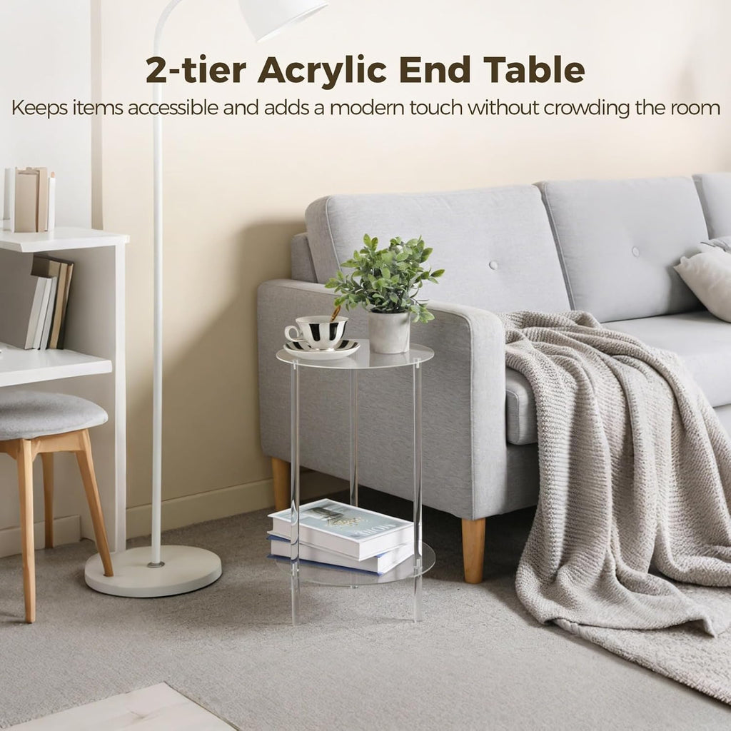 Acrylic Detachable End Table, 2-Tier Clear Round Acrylic Coffee Table, 11.8 x 19.6 Modern Small Side Desk, Detachable Beside Desk for Living Room, Bedroom