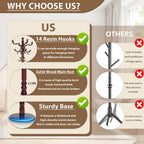 Solid Wooden Coat Rack Stand, Coat Racks Freestanding with 14 Hooks, Natural Birch Wood Coat stands with Sturdy Round Base, tree Coat Hanger Standing for Entryway Bedroom Office (Redwood disc)