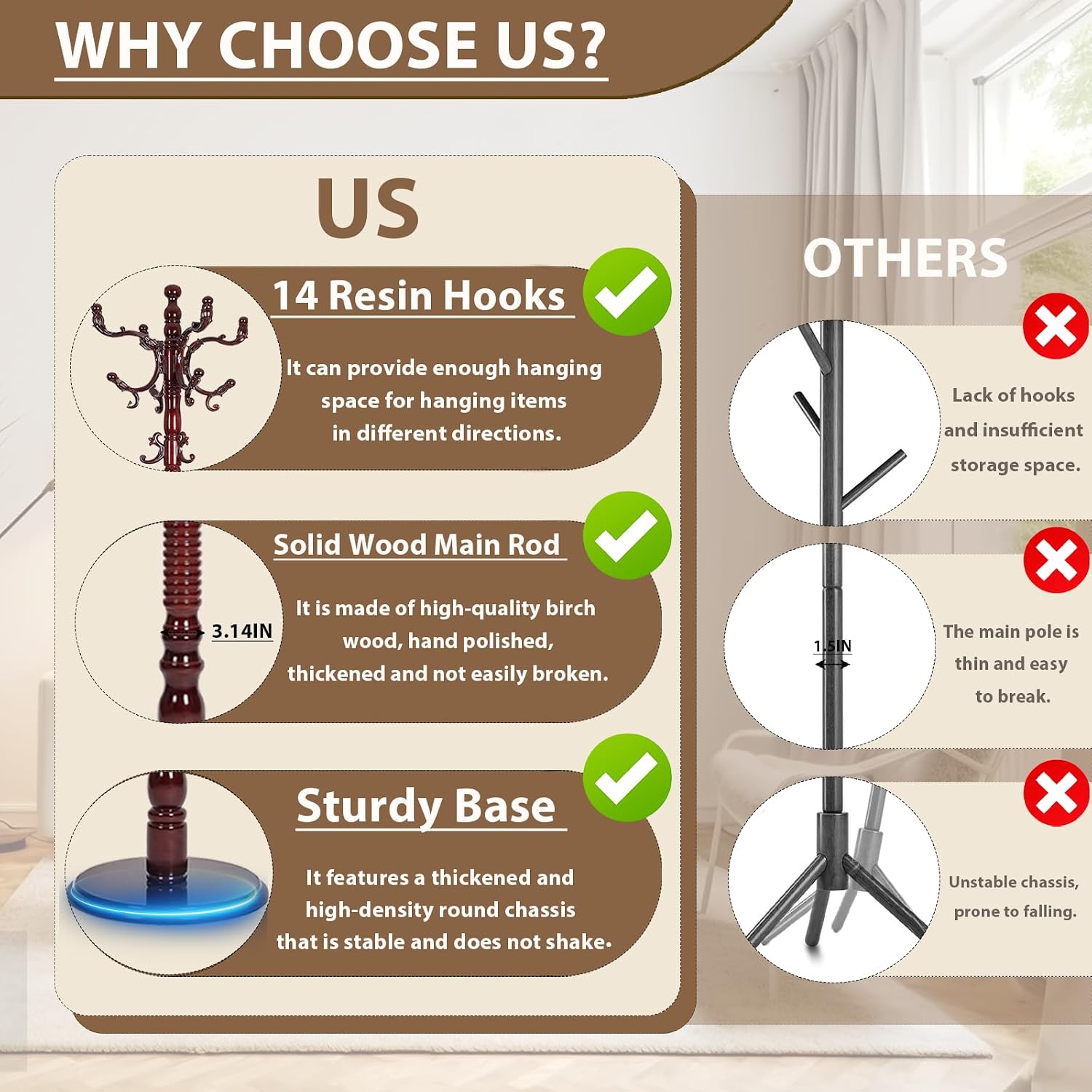 Solid Wooden Coat Rack Stand, Coat Racks Freestanding with 14 Hooks, Natural Birch Wood Coat stands with Sturdy Round Base, tree Coat Hanger Standing for Entryway Bedroom Office (Redwood disc)