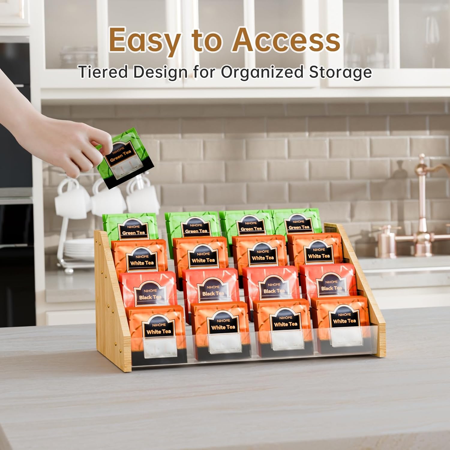 NiHome 4 Layer Tea Bag Organizer, Bamboo & Plastic Tea Storage Holder | 4-Tier Design Tea Storage Organizer Offering Quick and Easy Access, Clear Dividers & Large Capacity, Easy to Assembly