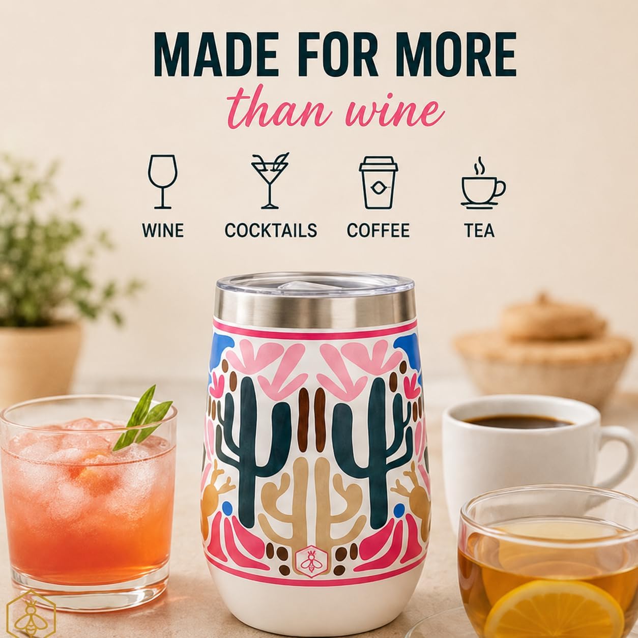 Biddlebee 12 Oz Stemless Wine Tumblers with Lids, 2-Pack – Insulated Stainless Steel Wine Tumbler Gift Set for Women – Double Wall Cups Keep Drinks Hot or Cold for Hours