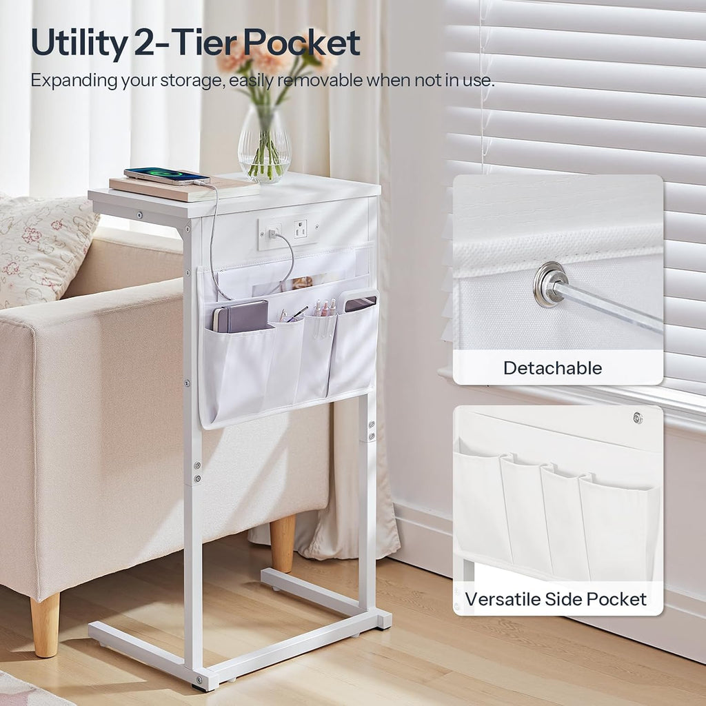 HOOBRO C Shaped End Table with Charging Station, 28" H Couch Side Table Slide Under, Sofa Arm Tray Table with Storage Bag for Living Room, Recliner, White WW70USF01