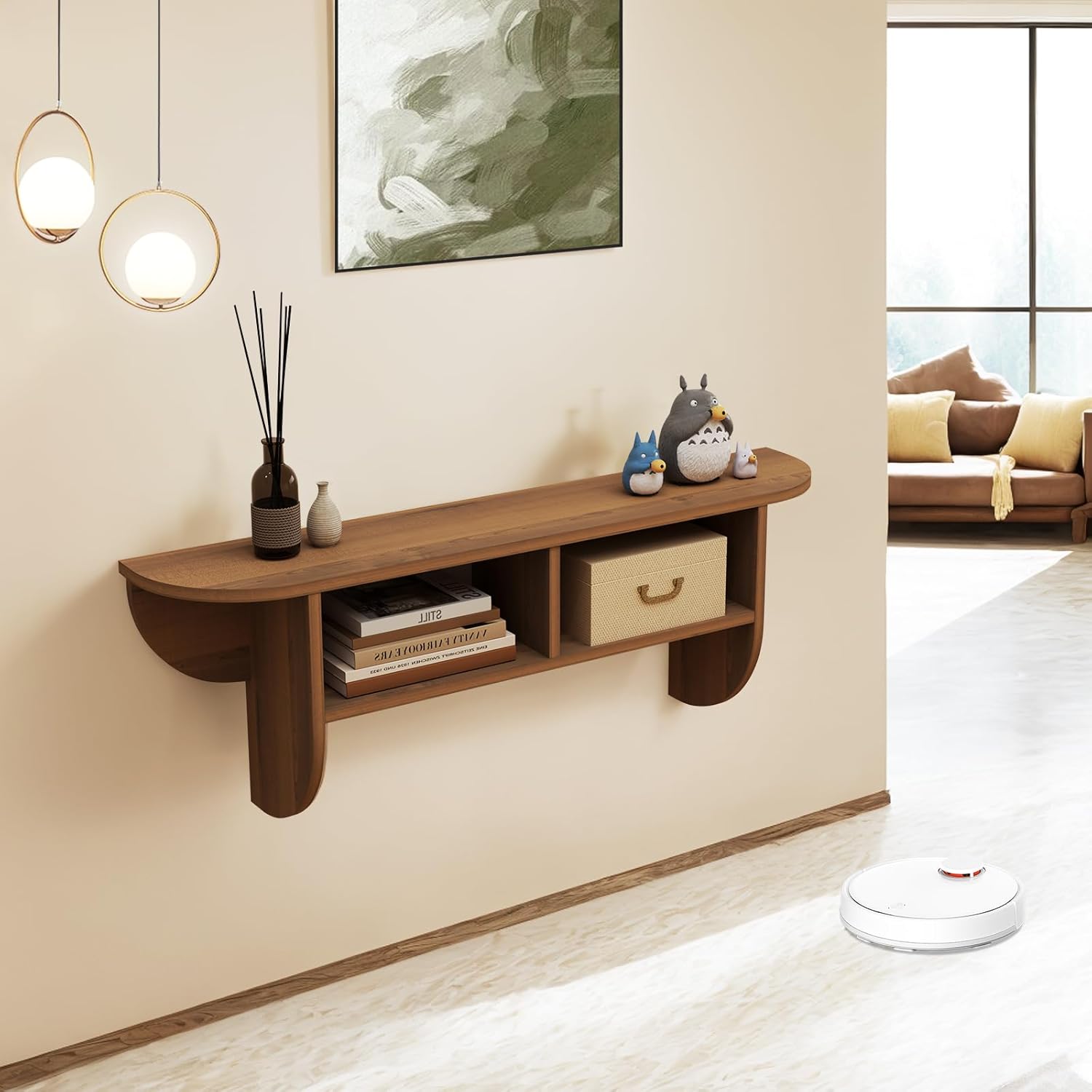 Floating Solid Wood Console Table, 32'' Wall Mounted Narrow Entryway Table with Storage Shelf, Modern Couch Table Small Entry Way Tables for Entryway, Front Hall, Hallway (Walnut, 31.5IN)