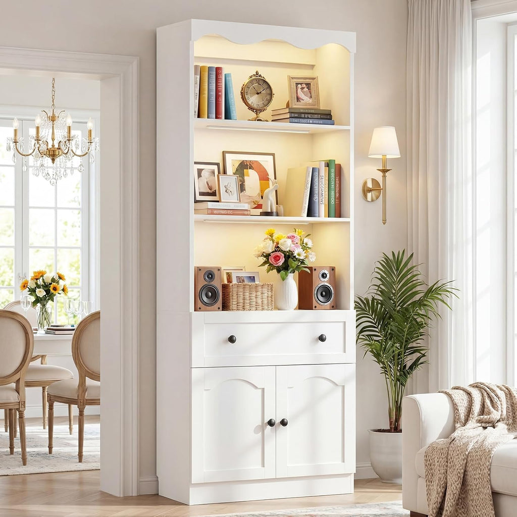 Cyclysio 80" Tall Pantry Cabinet with Motion Sensor LED Lights, Kitchen Storage Cabinet for Coffee Bar and Dining Room, Tall Bookshelf with 3.15" Baseboard Cutout, Drawer and Cupboard, White