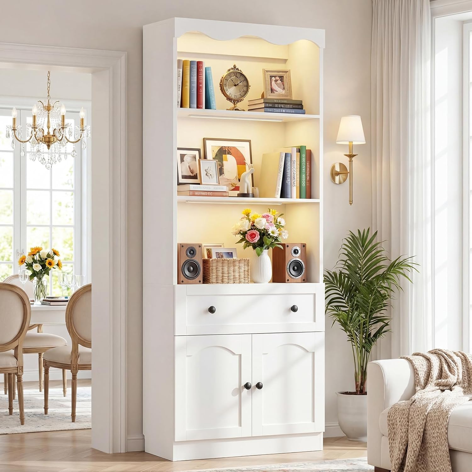 Cyclysio 80" Tall Pantry Cabinet with Motion Sensor LED Lights, Kitchen Storage Cabinet for Coffee Bar and Dining Room, Tall Bookshelf with 3.15" Baseboard Cutout, Drawer and Cupboard, White