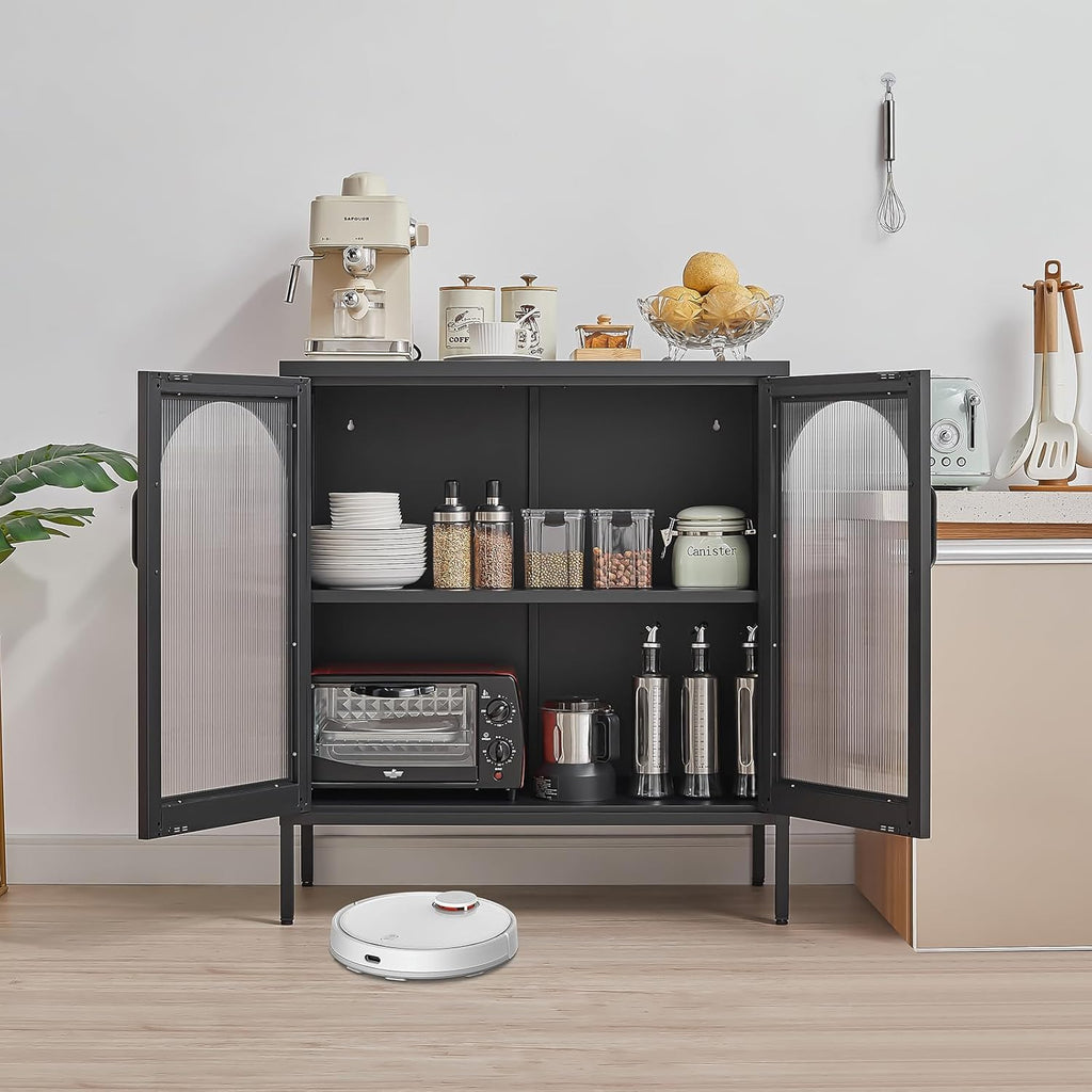 Buffet Cabinet, Modern Industrial Style Sideboard Buffet Cabinet, with Adjustable Shelves Credenza for Living Kitchen Dining Farmhouse, 15.8" L x 27.6" W x 35" H Black