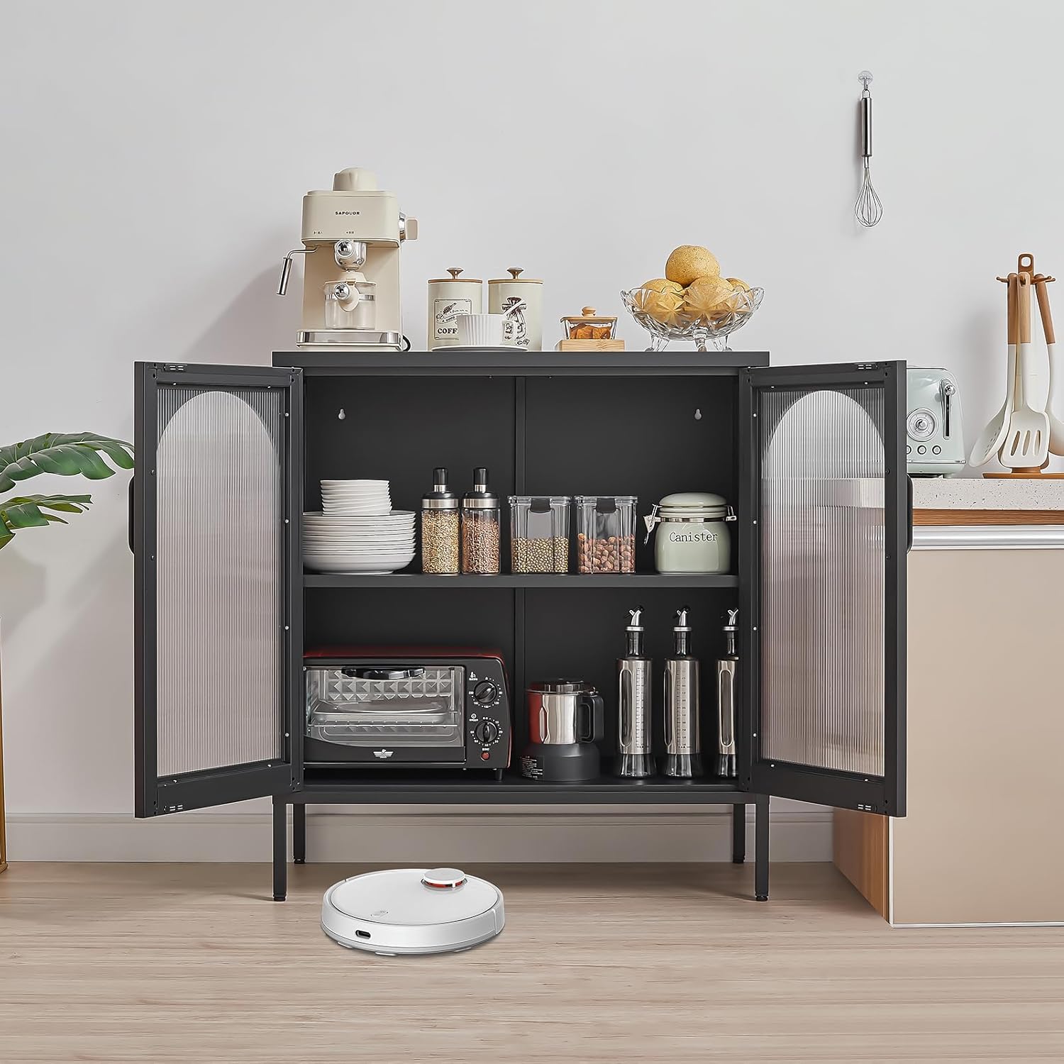 Buffet Cabinet, Modern Industrial Style Sideboard Buffet Cabinet, with Adjustable Shelves Credenza for Living Kitchen Dining Farmhouse, 15.8" L x 27.6" W x 35" H Black