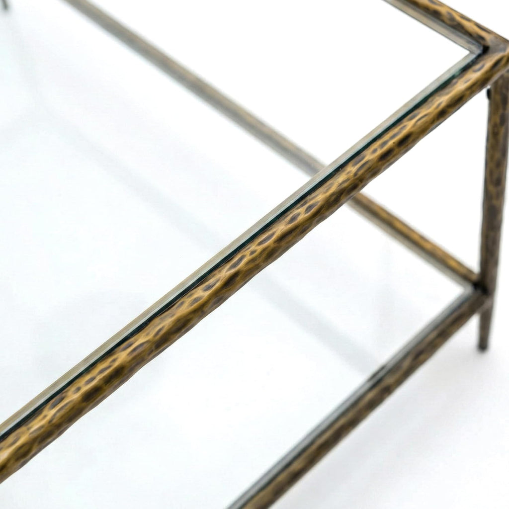 24/7 Shop at Home Lalia Modern 30-inch Metal End Table with Tempered Glass Top and Shelf, Hammered Steel Frame for Living Room, Matte Gold