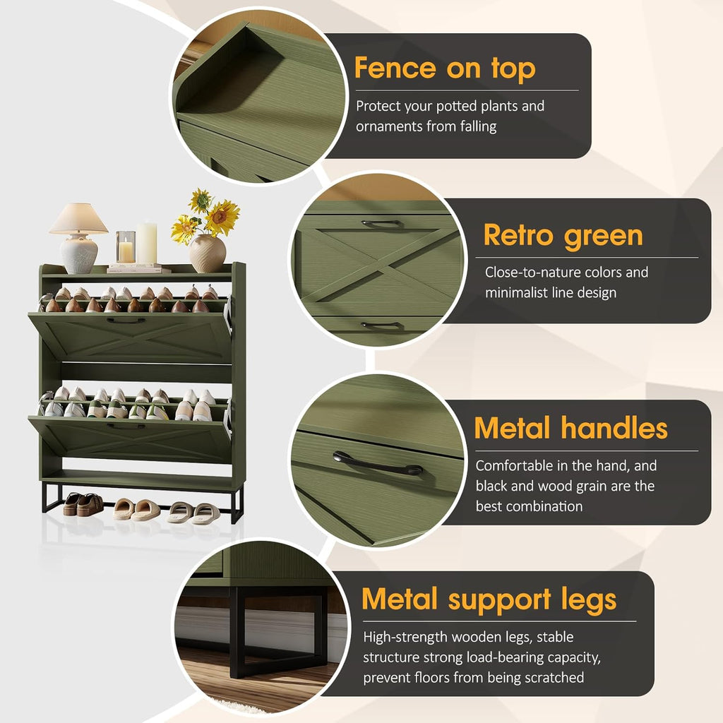 Maupvit Shoe Storage Cabinet with 2 Flip Drawers, Freestanding Shoe Organizer with Metal Legs for Entryway, Narrow Shoe Rack Cabinet, Green
