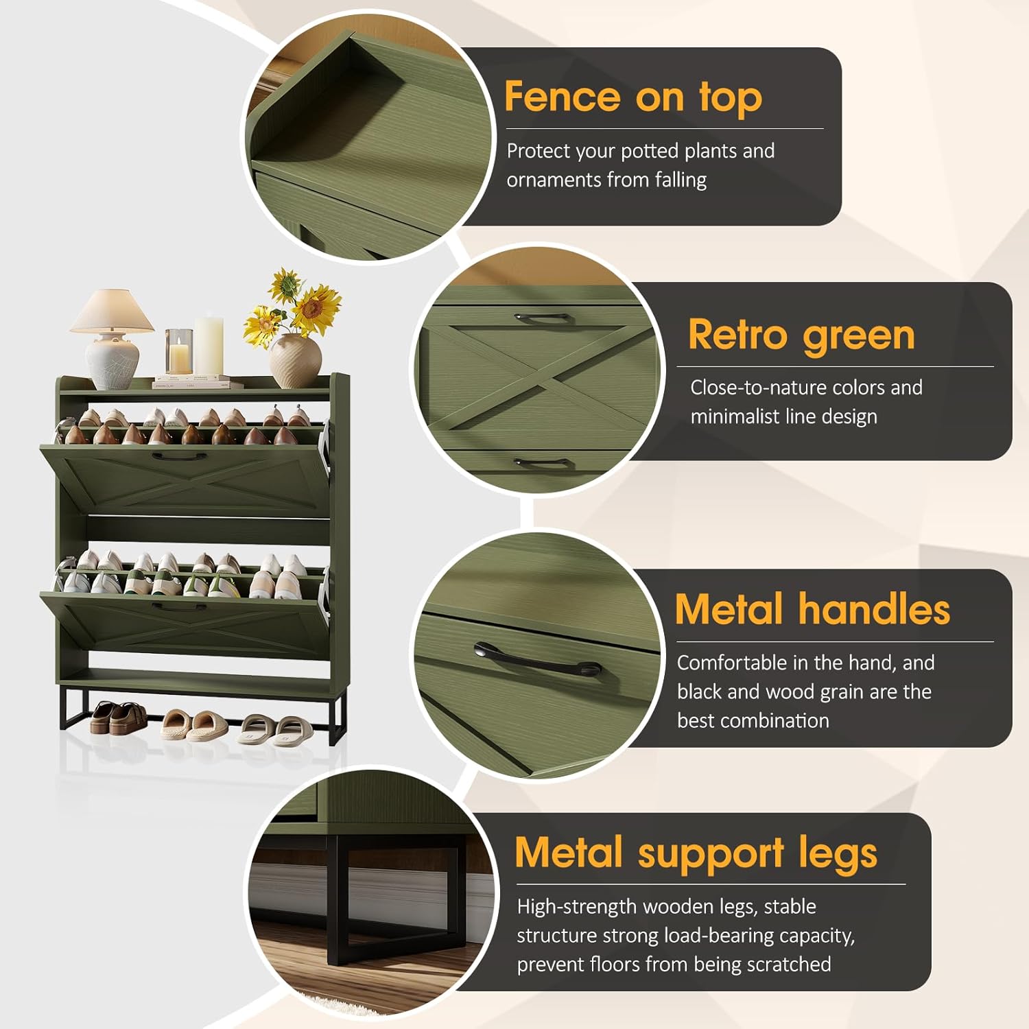 Maupvit Shoe Storage Cabinet with 2 Flip Drawers, Freestanding Shoe Organizer with Metal Legs for Entryway, Narrow Shoe Rack Cabinet, Green