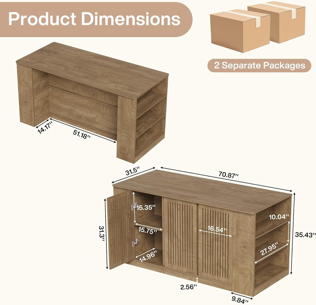 Tribesigns 71" Kitchen Island with Storage and Seating, Wooden Stationary Kitchen Bar, Large Island Table with Slatted Doors Cabinet & 6 Open Shelves, Farmhouse Style for Apartment & Home
