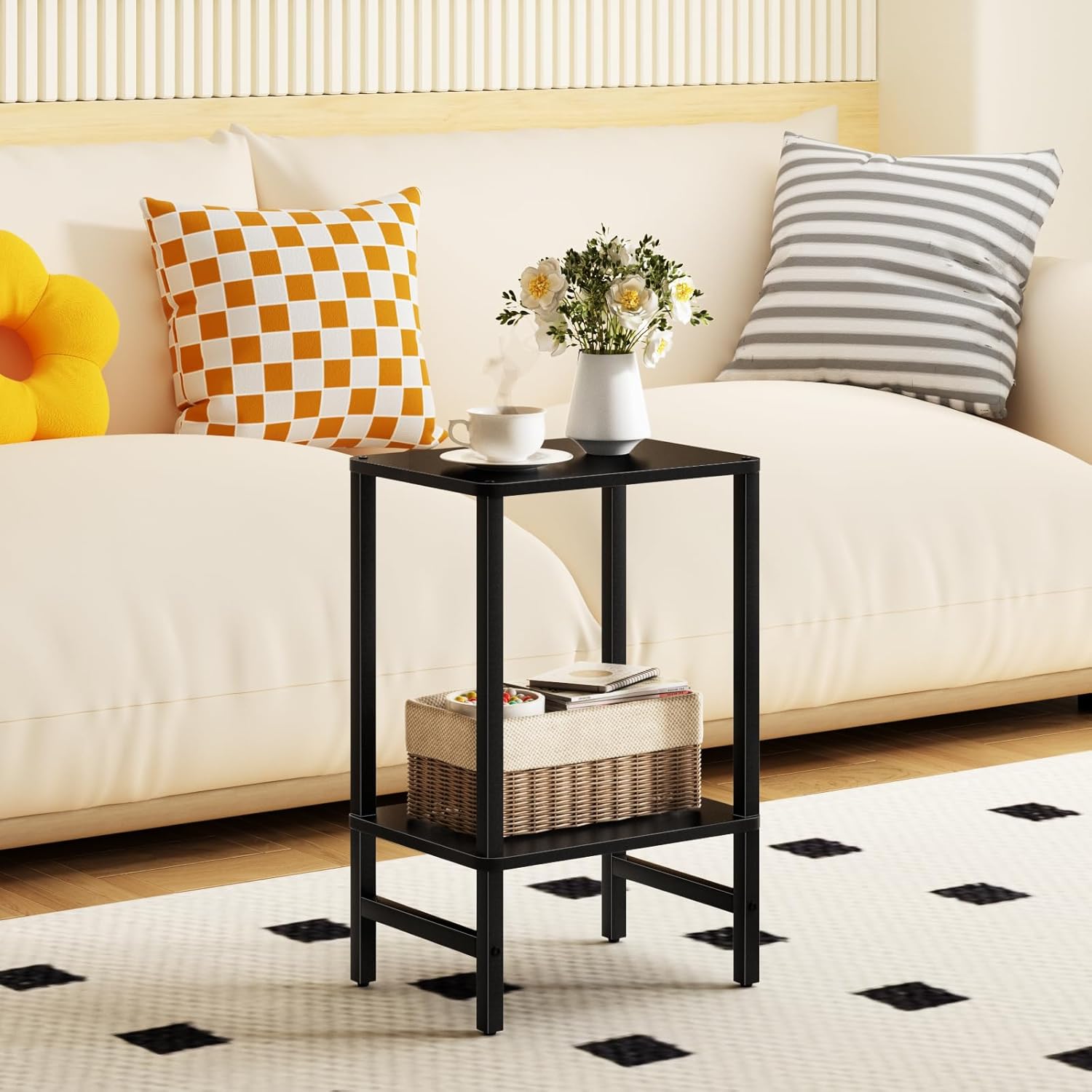 YUFAM Side Table End Table Tall Night Stand 2-Tier for Living Room Bedroom Bathroom Office Furniture Black