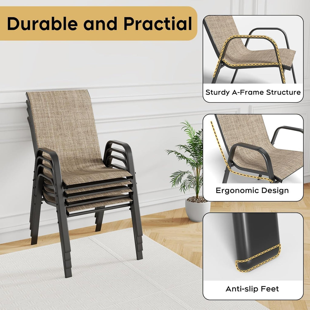 Patio Dining Chairs Set of 4 Outdoor Stackable Dining Chairs for All Weather 350lbs Capacity Heavy Duty Textilene Fabric Rustproof Metal Frame Patio Furniture for Backyard Garden Poolside (Brown)