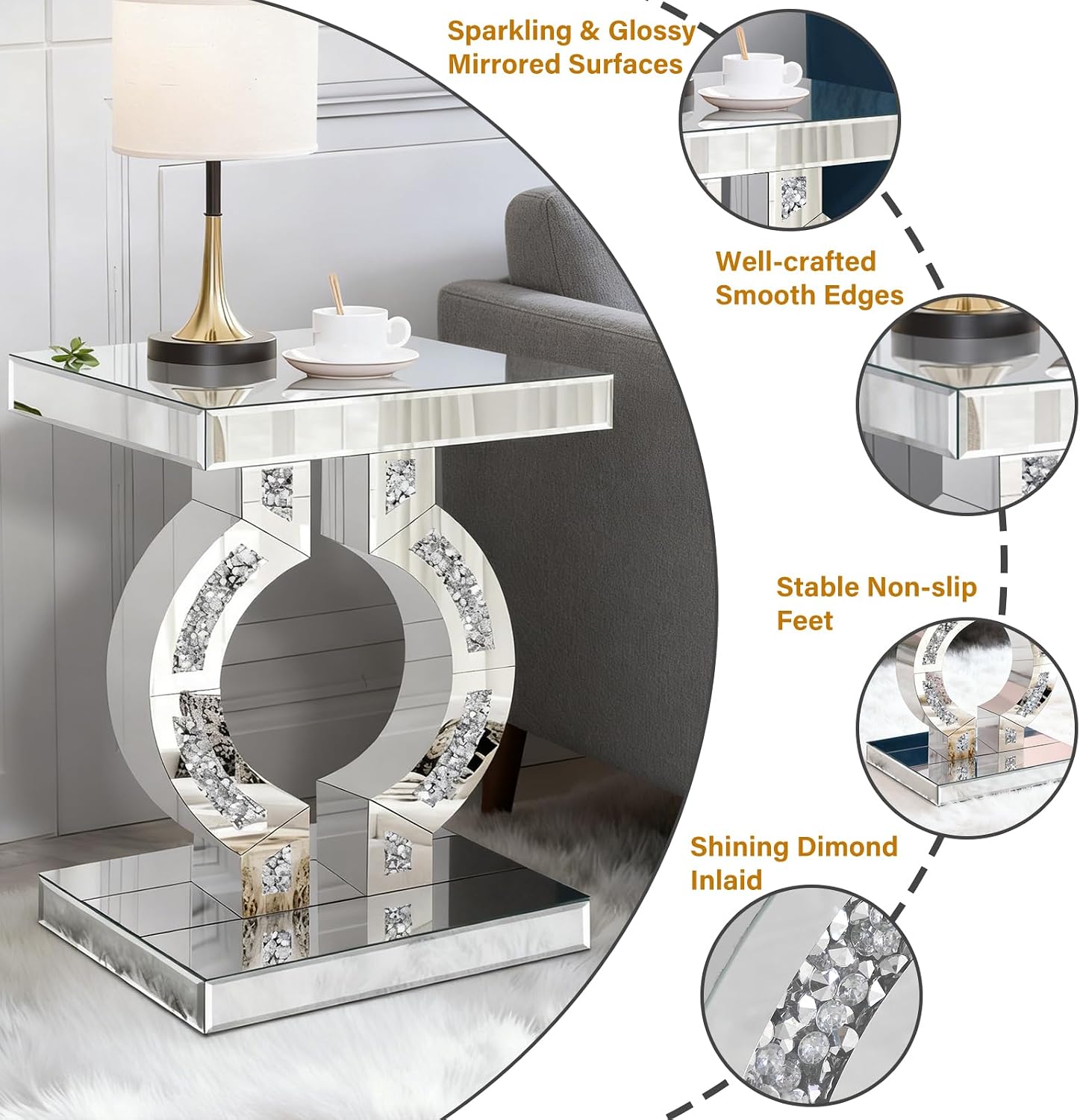 Crushed Diamond Mirrored End Table, Silver Side Accent Table, Small Mirrored Coffee Table for Living Room, Bedroom, 16"x12"x23"