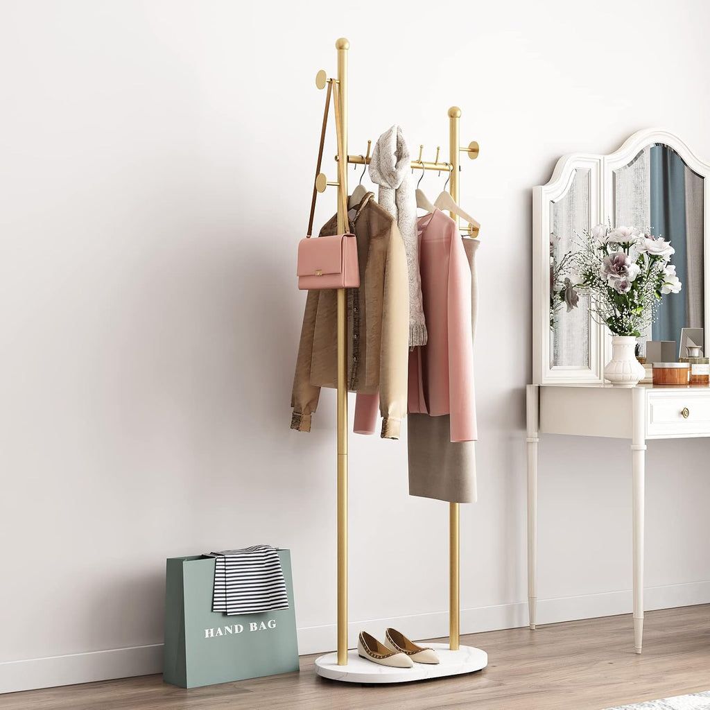 Gold Clothing Rack With Shelves, Gold Coat Rack Freestanding with Marble Base, Coat Hanger Hat Tree Standing Clothes Racks for Boutique, Bedroom