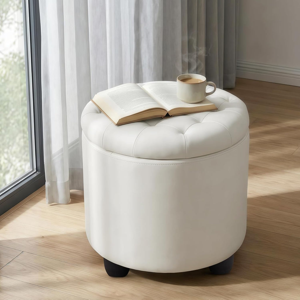 Furniliving Upholstered Button Tufted Round Ottoman, PU Storage Ottoman Round, Removable Lid Convenient Footstools, Classic Ottoman with Storage for Vanity, Nursery Room，IvoryWhite