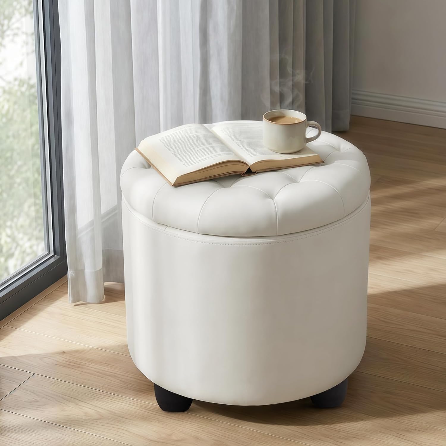 Furniliving Upholstered Button Tufted Round Ottoman, PU Storage Ottoman Round, Removable Lid Convenient Footstools, Classic Ottoman with Storage for Vanity, Nursery Room，IvoryWhite