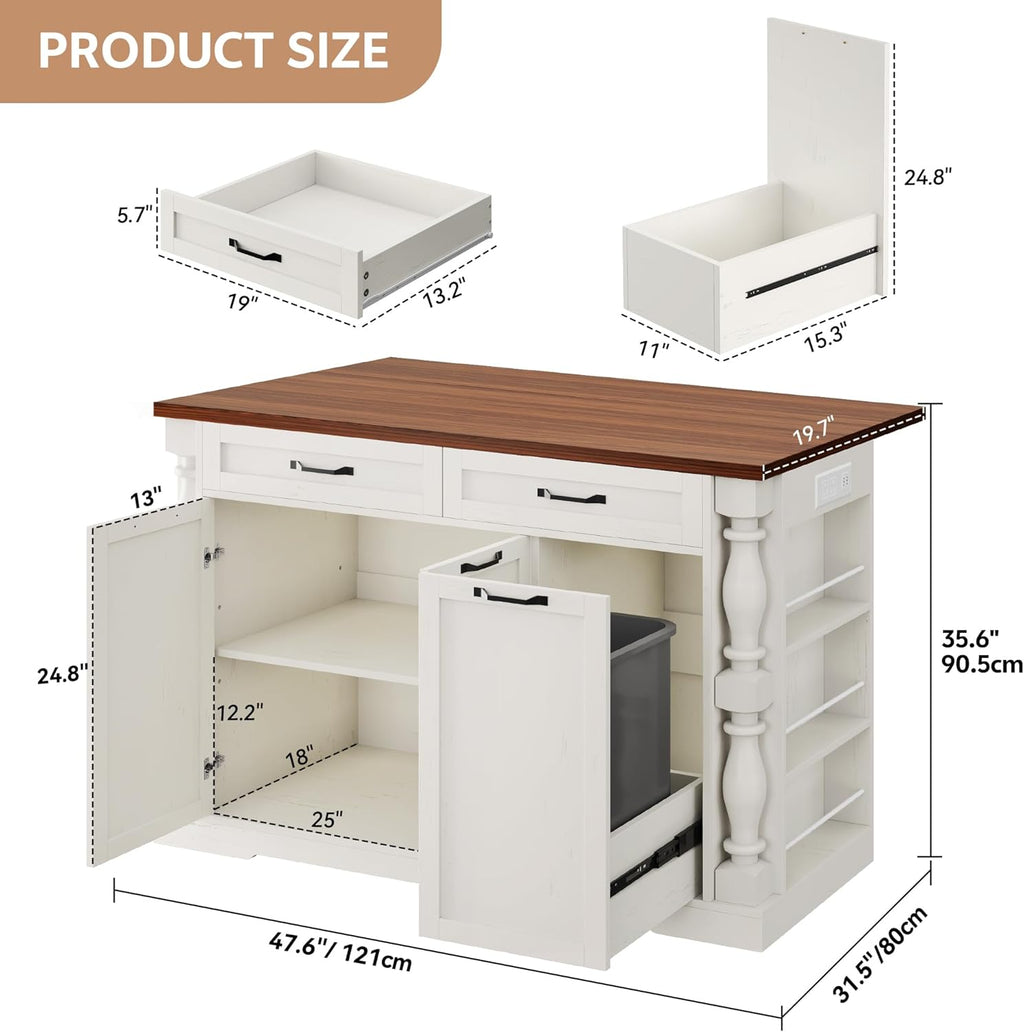 Kitchen Island with Power Outlet & Trash Cabinet, 47.6" Roman Style Rolling Kitchen Island with Drop Leaf Tabletop 11.8", Kitchen Cart with Spice Rack & Drawers & Cabinets Coffee Bar Station