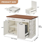 Kitchen Island with Power Outlet & Trash Cabinet, 47.6" Roman Style Rolling Kitchen Island with Drop Leaf Tabletop 11.8", Kitchen Cart with Spice Rack & Drawers & Cabinets Coffee Bar Station