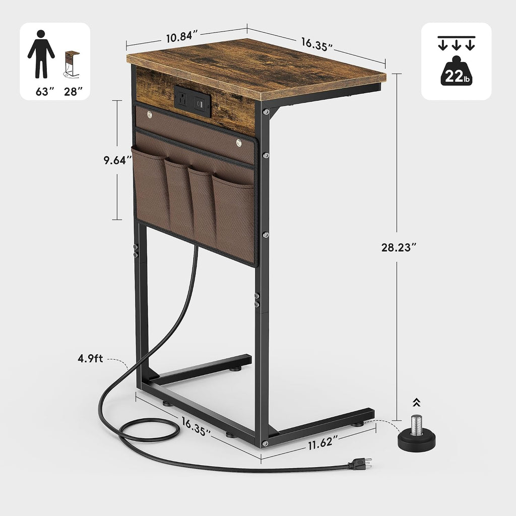 Vagusicc C Shaped End Table with Charging Station, 28" Tall Couch Side Table, Sofa Table Beside Table, Slide Under Sofa Arm C Table for Small Spaces, TV Tray Table for Living Room, Bedroom, Brown
