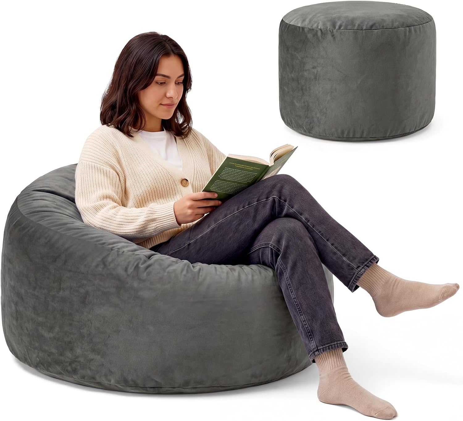 ACH Bean Bag Chair for Adults and Teens - 3ft Memory Foam Floor Chair, Perfect for Dorms, Gaming & Relaxing, Machine Washable Velvet Cover (Grey-Medium)